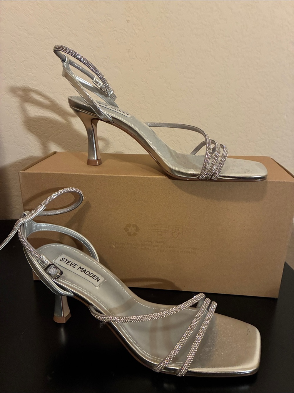 Steve Madden Metallic Silver Rhinestone-Strap Heels